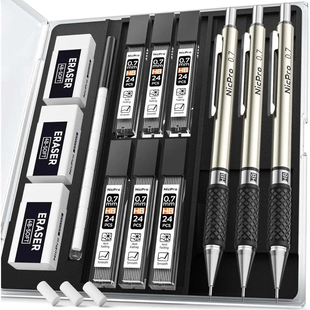0.7 mm Art Mechanical Pencil Set in Storage Case, 3 PCS Metal Drafting Pencil Lead Pencil with 6 Tube HB Lead Refills, 3 Erasers