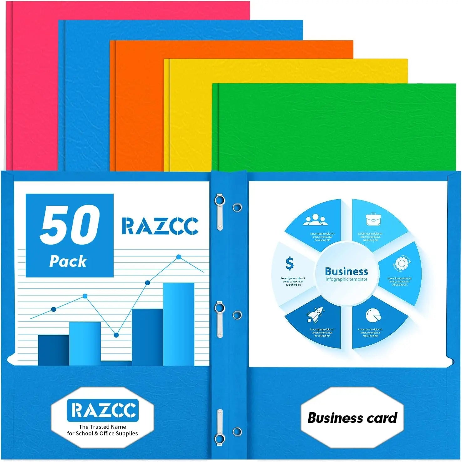 50 Pack Two Pocket Folders with Prongs, Assorted Colors for School Office Home Business