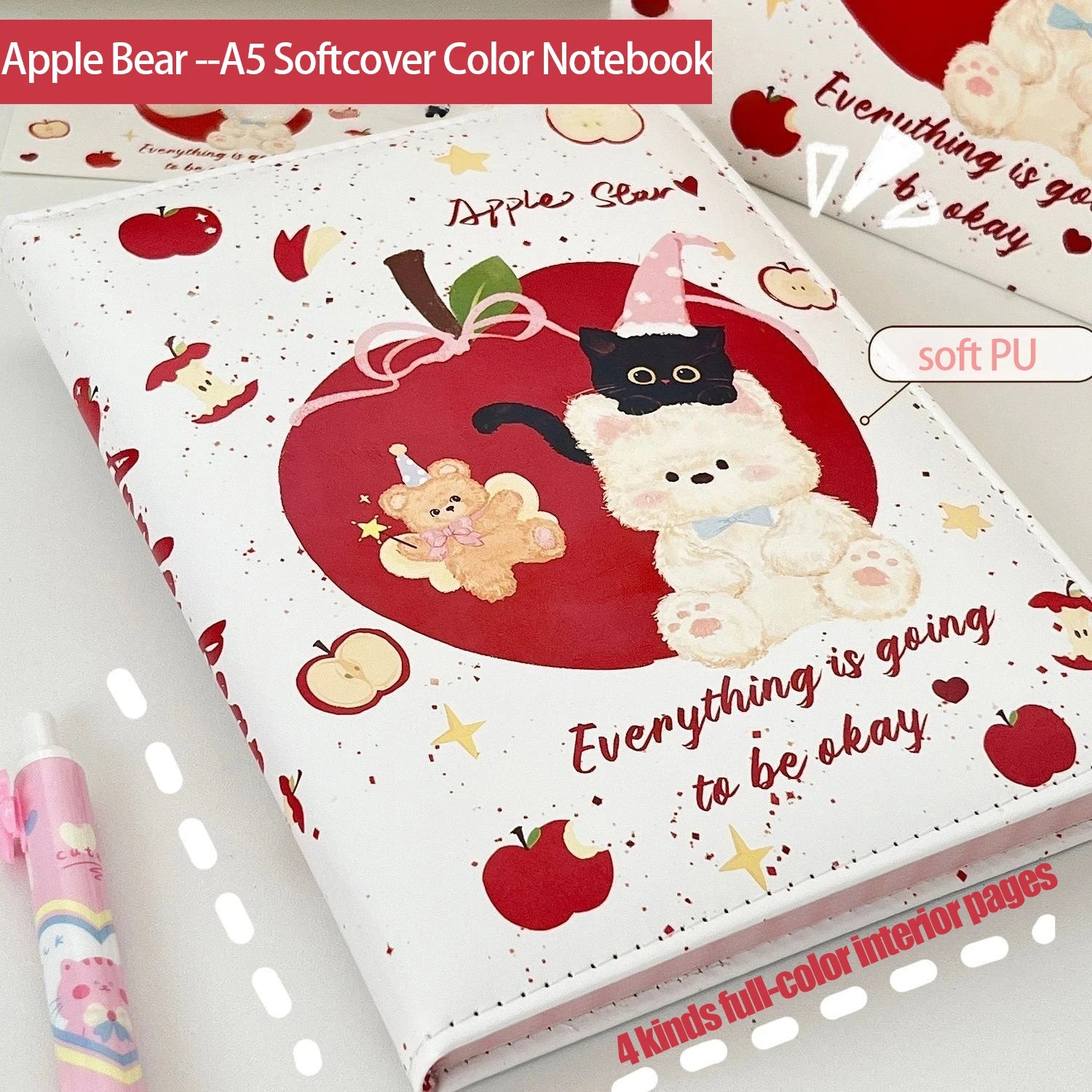 Cute Apple Bear A5 Notebook-santa Theme PU Leather Journal,Colorful Pages with Thick Paper,Kawaii Gift for Students&Christmas